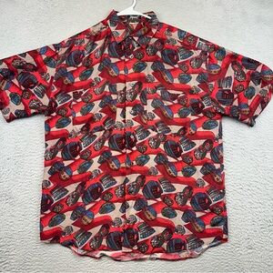 Impact Shirt Mens Medium‎ Red Allover Print Silk Button Up Aztec Pottery Casual